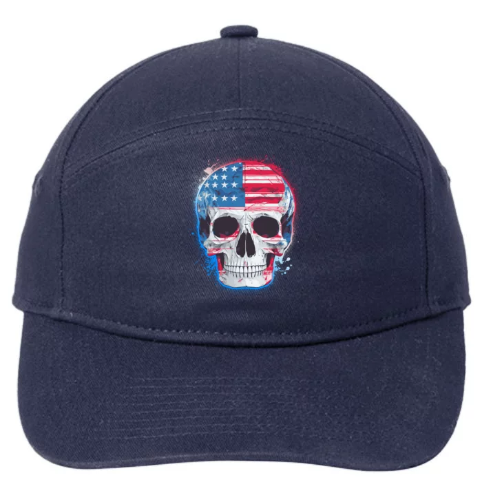 Grunge Paint USA American Flag Smiling Skull 7-Panel Snapback Hat