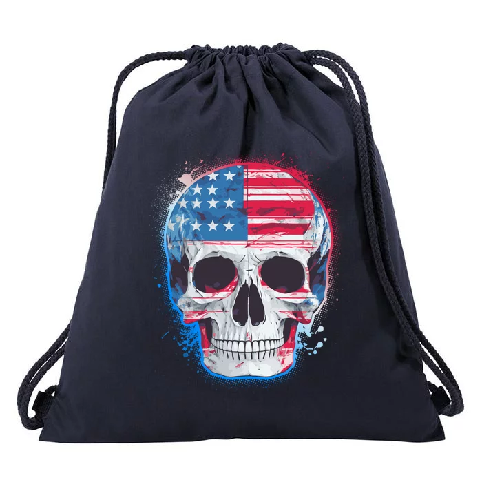 Grunge Paint USA American Flag Smiling Skull Drawstring Bag