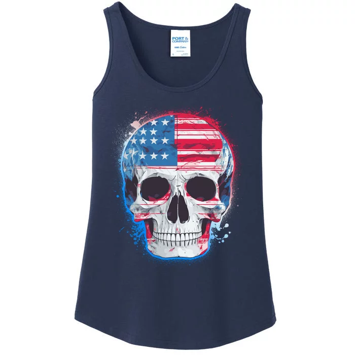 Grunge Paint USA American Flag Smiling Skull Ladies Essential Tank