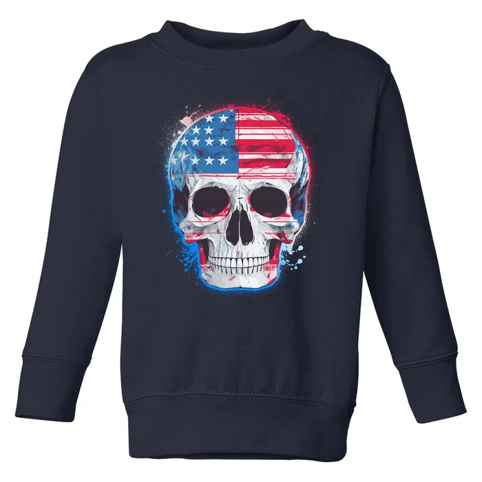 Grunge Paint USA American Flag Smiling Skull Toddler Sweatshirt