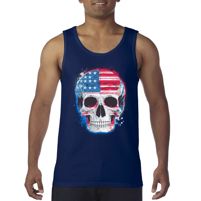 Grunge Paint USA American Flag Smiling Skull Tank Top