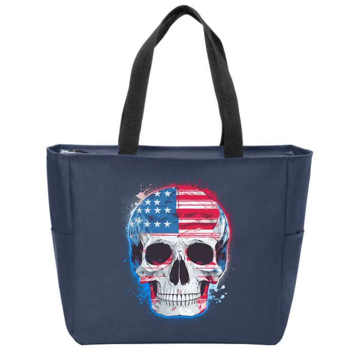 Grunge Paint USA American Flag Smiling Skull Zip Tote Bag