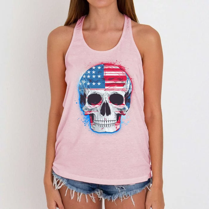 Grunge Paint USA American Flag Smiling Skull Women's Knotted Racerback Tank