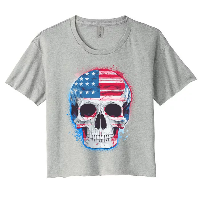 Grunge Paint USA American Flag Smiling Skull Women's Crop Top Tee