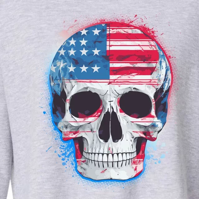 Grunge Paint USA American Flag Smiling Skull Cropped Pullover Crew