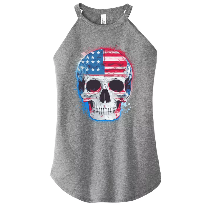 Grunge Paint USA American Flag Smiling Skull Women’s Perfect Tri Rocker Tank