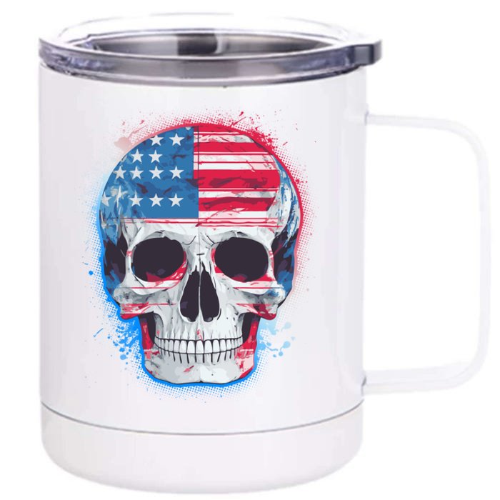 Grunge Paint USA American Flag Smiling Skull Front & Back 12oz Stainless Steel Tumbler Cup