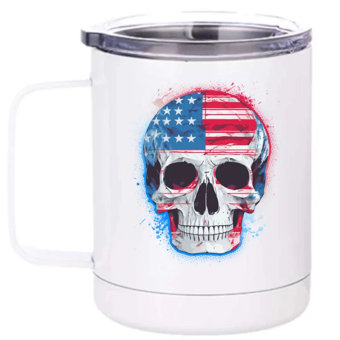 Grunge Paint USA American Flag Smiling Skull Front & Back 12oz Stainless Steel Tumbler Cup