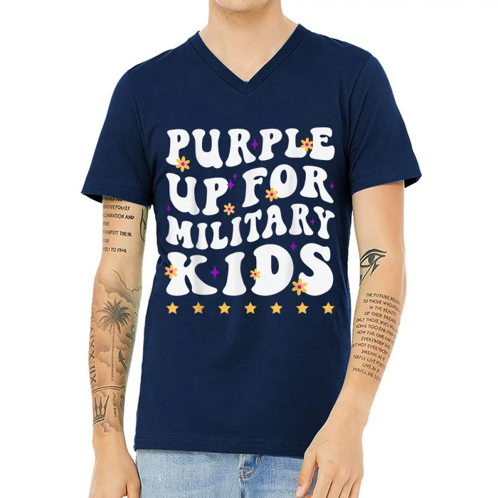 Groovy Purple Up For Military Kid Military Child Month V-Neck T-Shirt