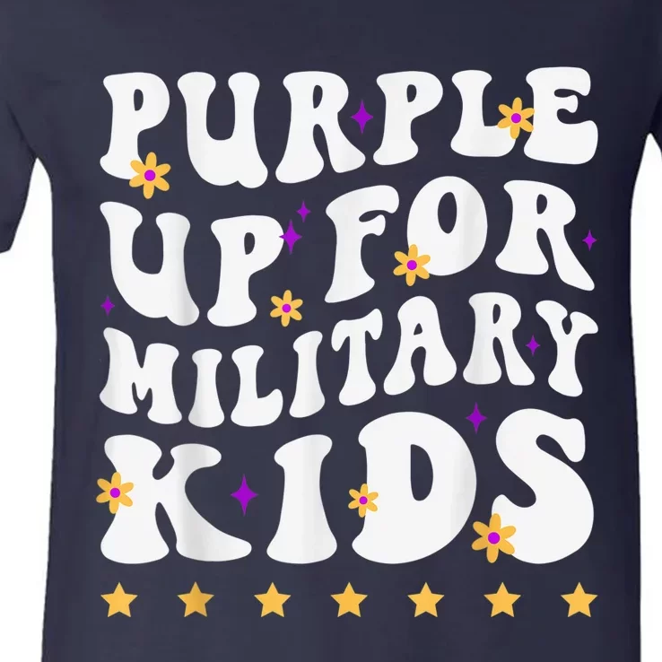 Groovy Purple Up For Military Kid Military Child Month V-Neck T-Shirt