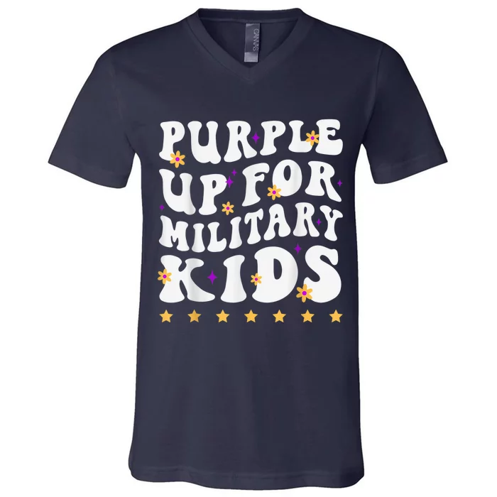 Groovy Purple Up For Military Kid Military Child Month V-Neck T-Shirt