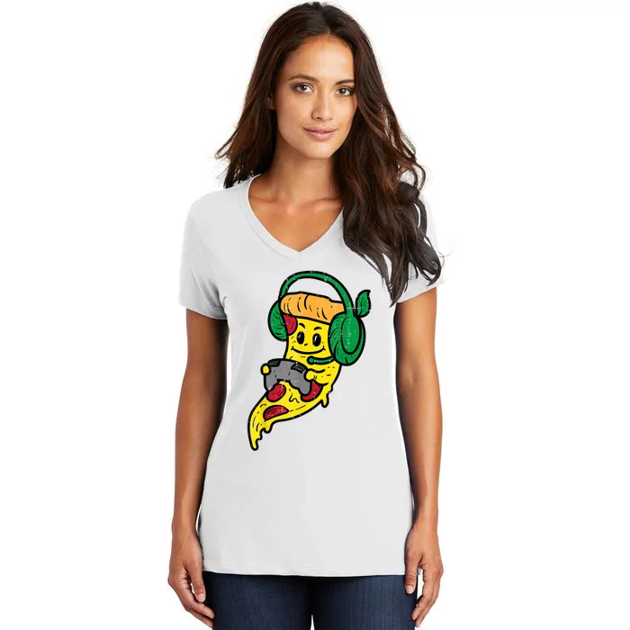 Gamer Pizza Video Gaming Funny Food Gift Women's V-Neck T-Shirt