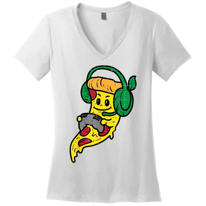 Gamer Pizza Video Gaming Funny Food Gift Women's V-Neck T-Shirt