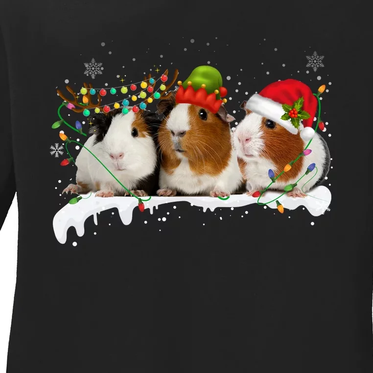 Guinea Pigs With Christmas Lights And Santa Hat Cute Xmas Ladies Long Sleeve Shirt