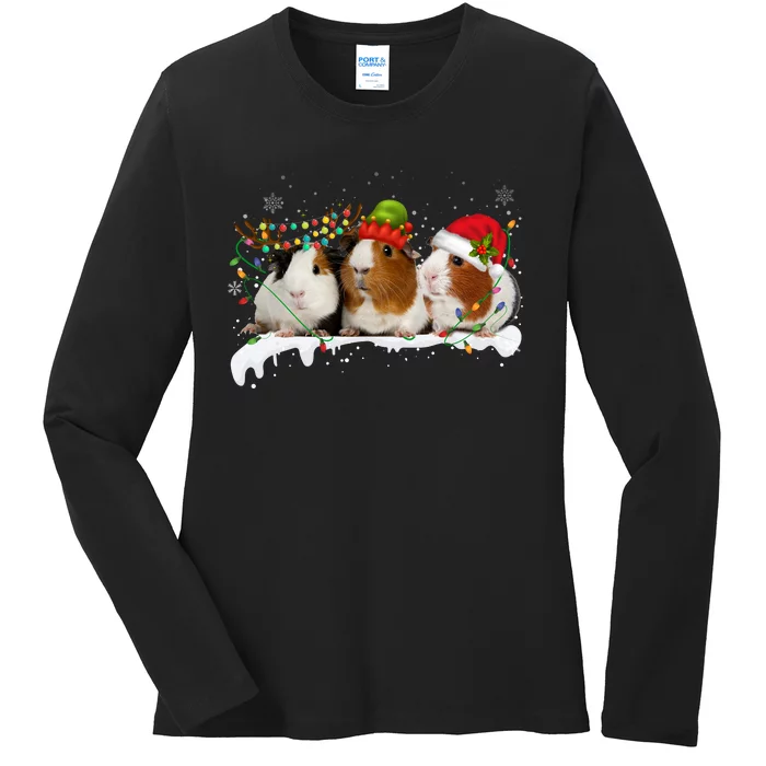 Guinea Pigs With Christmas Lights And Santa Hat Cute Xmas Ladies Long Sleeve Shirt