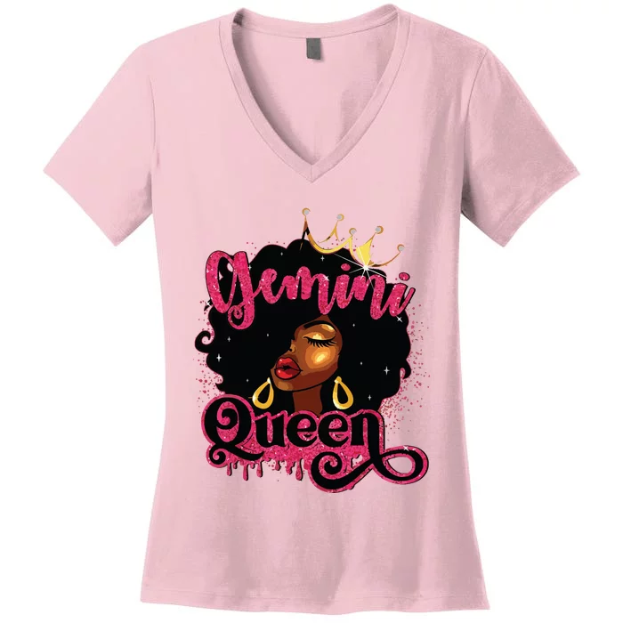 Gemini Queen Birthday Afro Girl Black Zodiac Birthday Women's V-Neck T-Shirt