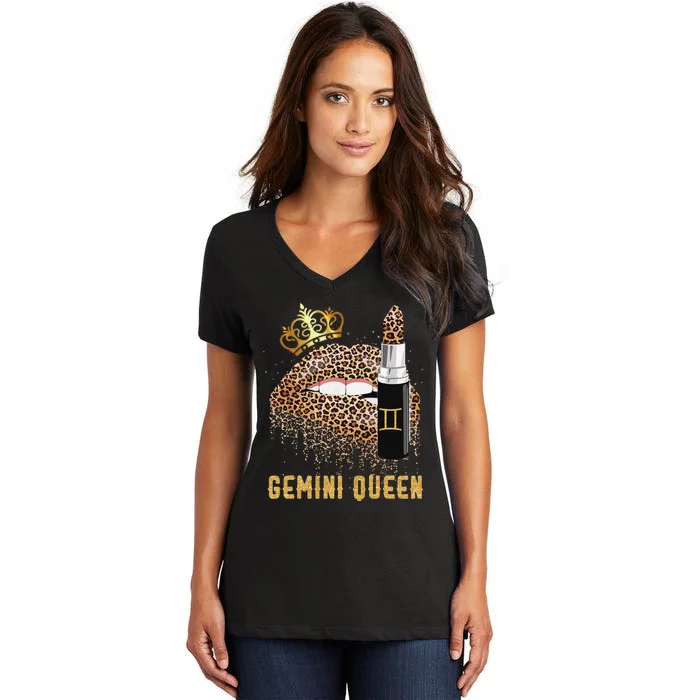 Gemini Queen Leopard Lips Gemini Women's V-Neck T-Shirt