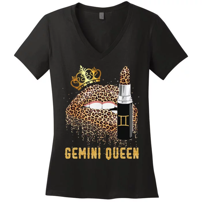 Gemini Queen Leopard Lips Gemini Women's V-Neck T-Shirt