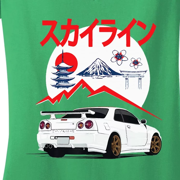 Gt R 34 Jdm Skyline Automotive Jdm Legend Tuning Car Women's V-Neck T-Shirt