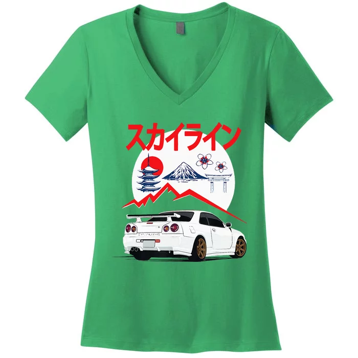 Gt R 34 Jdm Skyline Automotive Jdm Legend Tuning Car Women's V-Neck T-Shirt