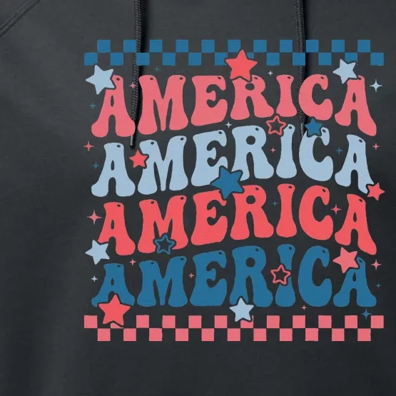 Groovy Retro American USA Flag Patriotic Happy 4th Of July Performance Fleece Hoodie