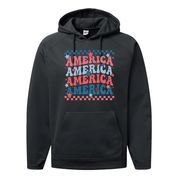 Groovy Retro American USA Flag Patriotic Happy 4th Of July Performance Fleece Hoodie