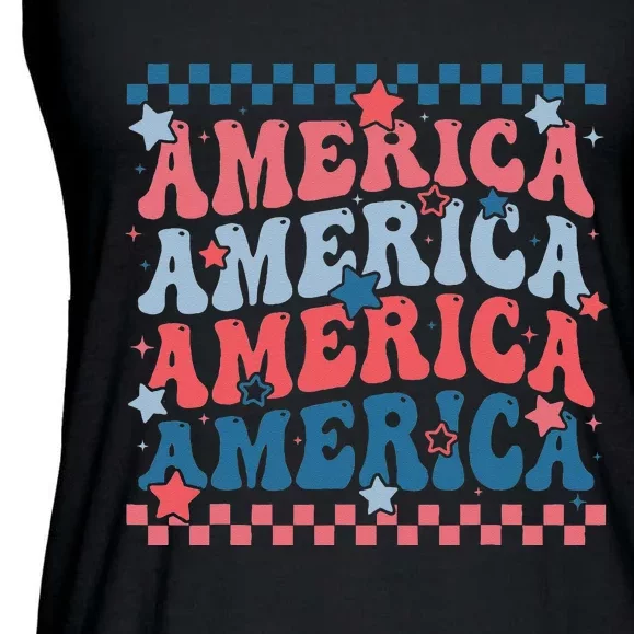 Groovy Retro American USA Flag Patriotic Happy 4th Of July Ladies Essential Flowy Tank