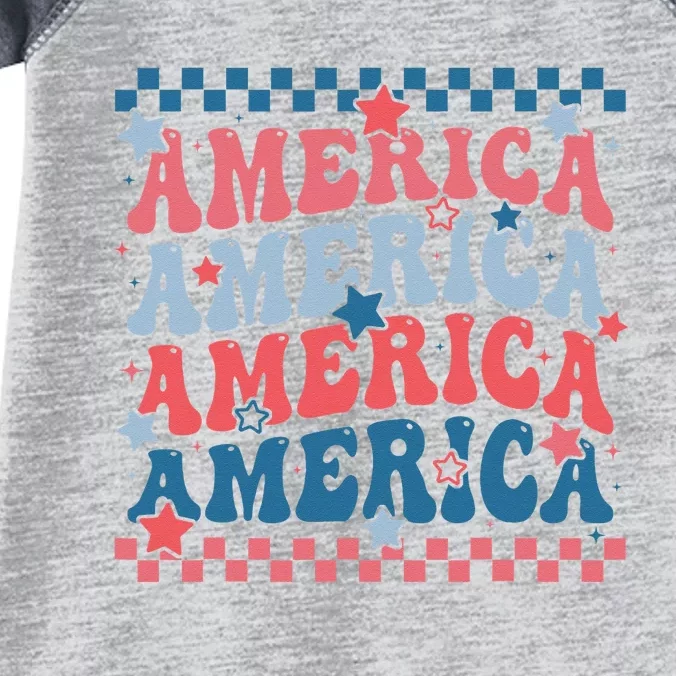 Groovy Retro American USA Flag Patriotic Happy 4th Of July Infant Baby Jersey Bodysuit