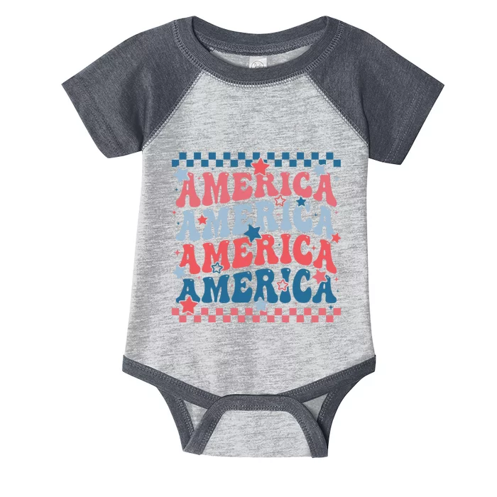 Groovy Retro American USA Flag Patriotic Happy 4th Of July Infant Baby Jersey Bodysuit