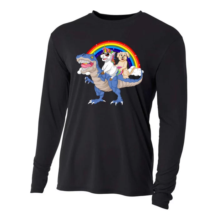 Golden Retriver And Unicorn Riding Dinosaur Cooling Performance Long Sleeve Crew