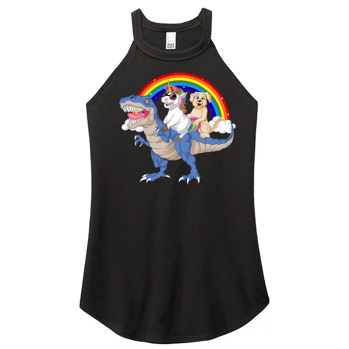 Golden Retriver And Unicorn Riding Dinosaur Women’s Perfect Tri Rocker Tank