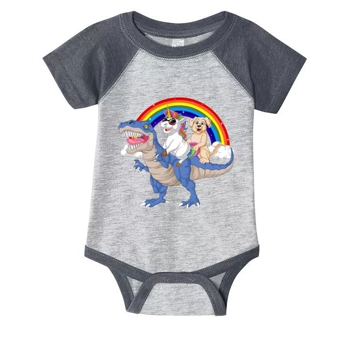 Golden Retriver And Unicorn Riding Dinosaur Infant Baby Jersey Bodysuit