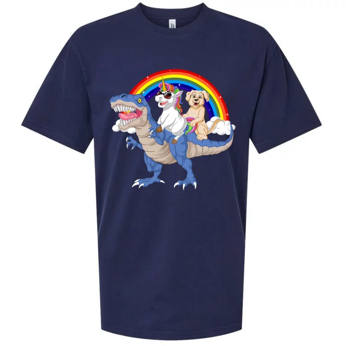 Golden Retriver And Unicorn Riding Dinosaur Sueded Cloud Jersey T-Shirt