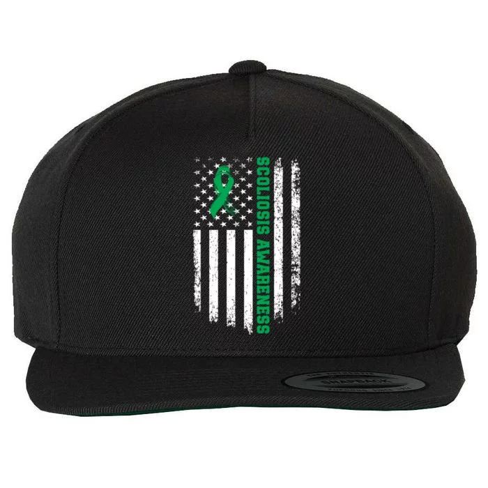 Green Ribbon American Flag Scoliosis Awareness Gift Wool Snapback Cap