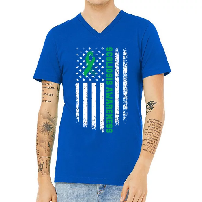 Green Ribbon American Flag Scoliosis Awareness Gift V-Neck T-Shirt