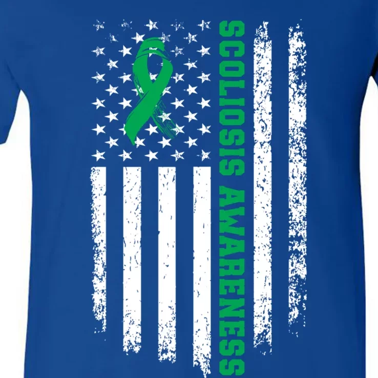 Green Ribbon American Flag Scoliosis Awareness Gift V-Neck T-Shirt