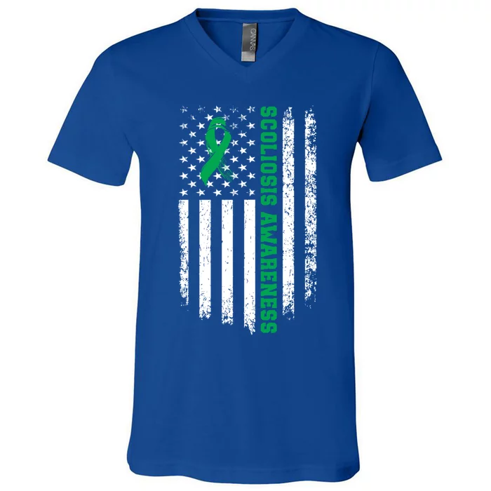 Green Ribbon American Flag Scoliosis Awareness Gift V-Neck T-Shirt