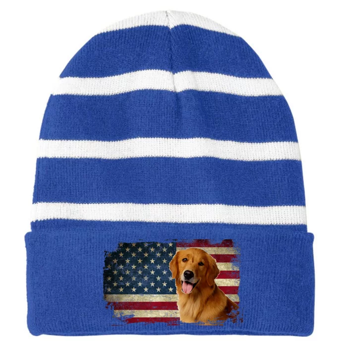 Golden Retriever American Flag Patriotic Dog Lover Striped Beanie with Solid Band