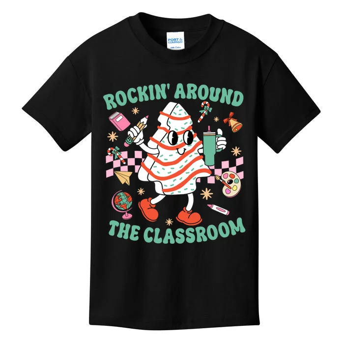 Groovy Rocking Around Classroom Teacher Christmas Tree Cake Kids T-Shirt