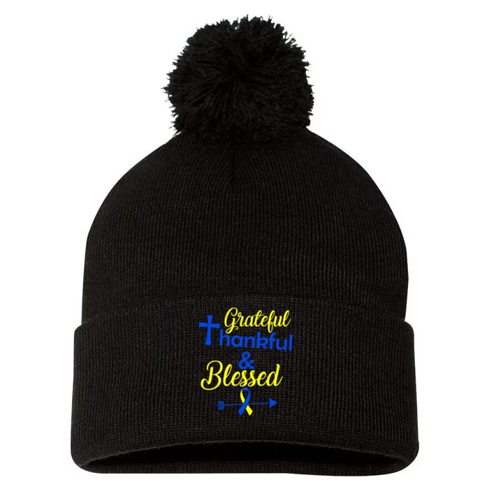 Grateful Thankful & Blessed Down Syndrome Pom Pom 12in Knit Beanie