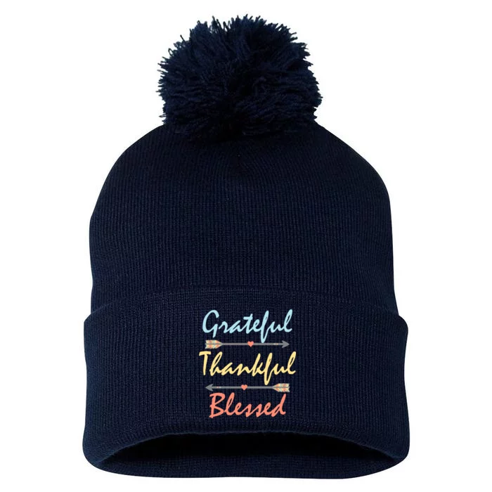 Grateful Thankful Blessed Colorful Thanksgiving Pom Pom 12in Knit Beanie