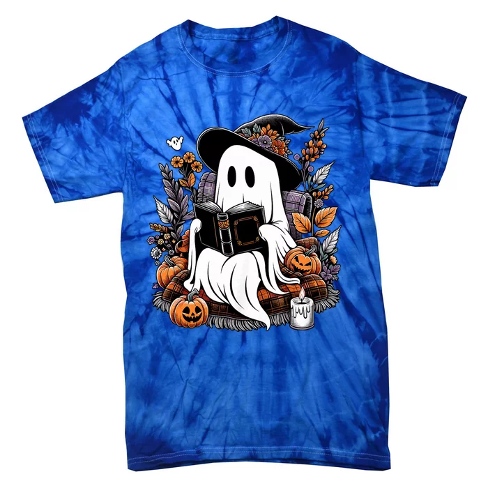 Ghost Reading Books Pumpkin Halloween Ghost Spooky Season Teacher Outfit Tie-Dye T-Shirt