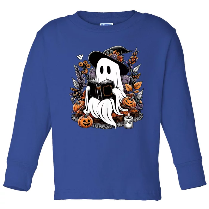 Ghost Reading Books Pumpkin Halloween Ghost Spooky Season Teacher Outfit Toddler Long Sleeve Shirt