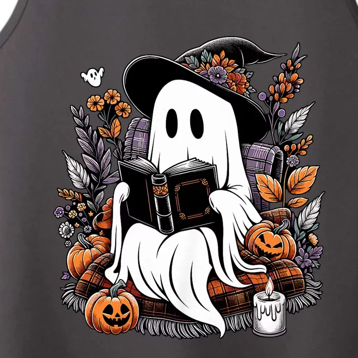 Ghost Reading Books Pumpkin Halloween Ghost Spooky Season Teacher Outfit Performance Tank