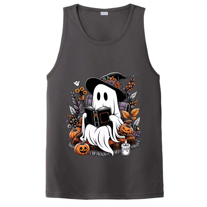 Ghost Reading Books Pumpkin Halloween Ghost Spooky Season Teacher Outfit Performance Tank