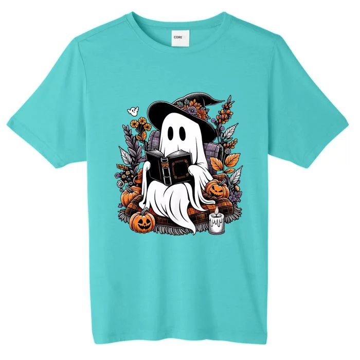 Ghost Reading Books Pumpkin Halloween Ghost Spooky Season Teacher Outfit ChromaSoft Performance T-Shirt