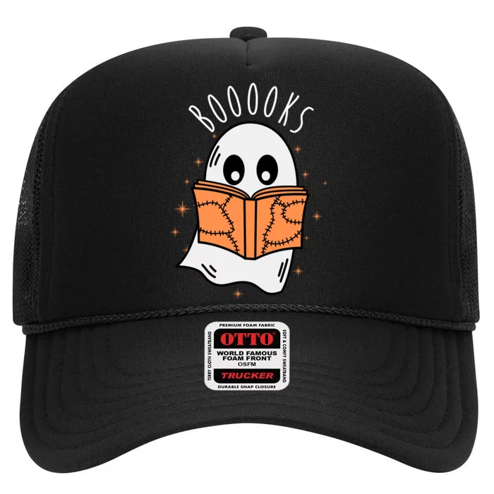 Ghost Reading Books Halloween High Crown Mesh Trucker Hat