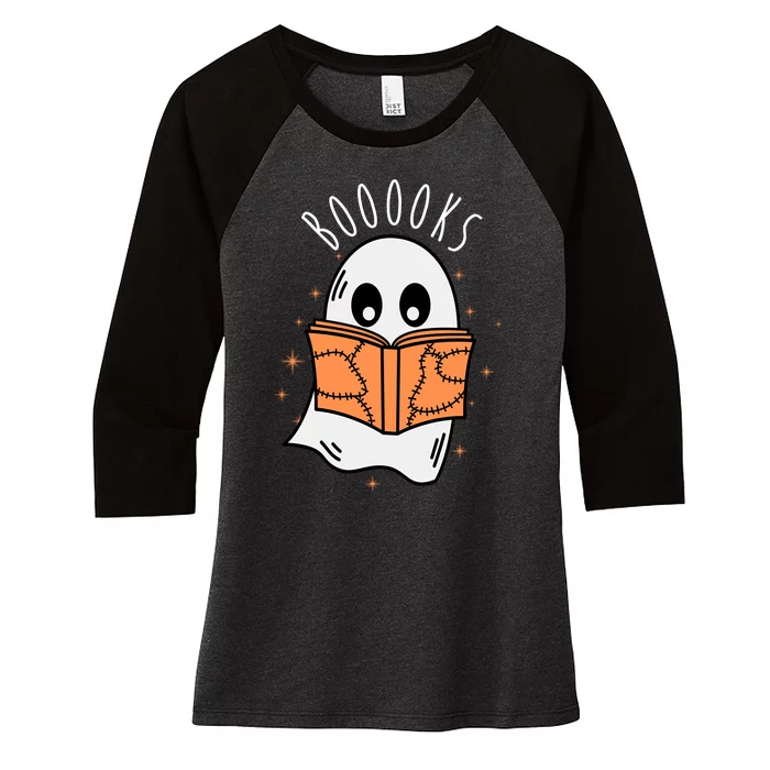 Ghost Reading Books Halloween Women's Tri-Blend 3/4-Sleeve Raglan Shirt