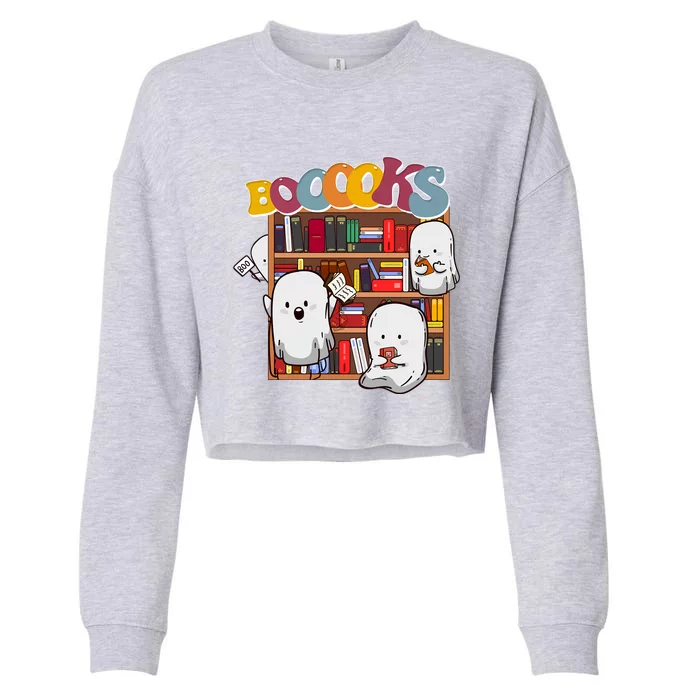 Ghosts Reading Books Teacher Halloween Librarian Boooks Meaningful Gift Cropped Pullover Crew