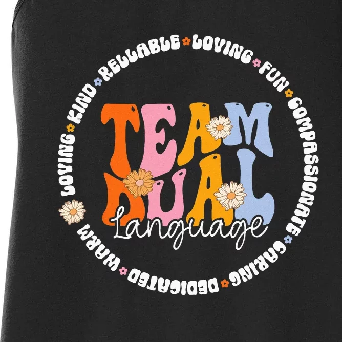 Groovy Retro Back To School Squad Team Dual Language Teacher Women's Racerback Tank